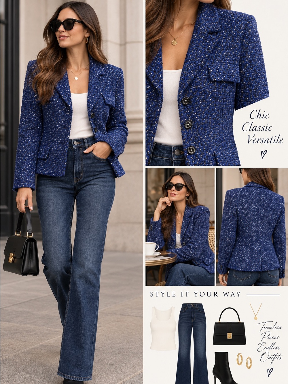 Carlisle Royal Blue Tweed Button-Front Blazer